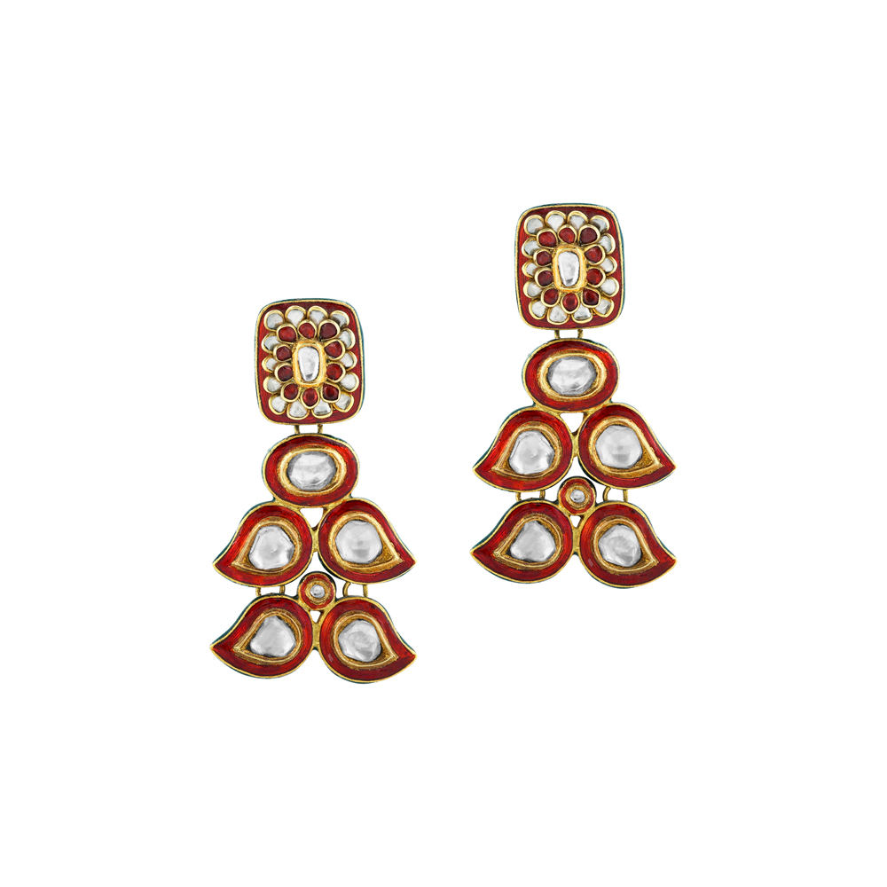 Geometric Polki Earrings with Red Enamel